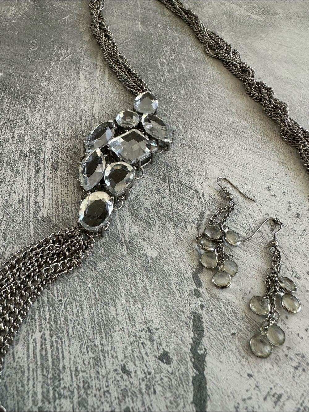 Silvery Crystal Multi-Chain Statement Necklace and Dangle Earrings Set